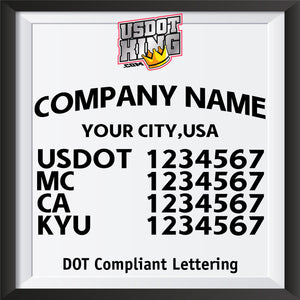 arched company name, city, usdot mc ca kyu lettering decal