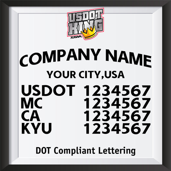 arched company name, city, usdot mc ca kyu lettering decal