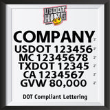 company name, usdot, mc, txdot, ca gvw lettering decal