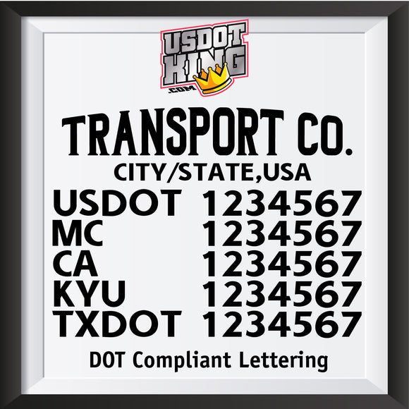 transport company with city, state usdot mc ca kyu txdot lettering decal