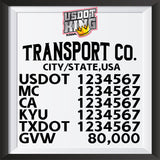 transport company, city, usdot mc, ca kyu txdot gvw lettering decal