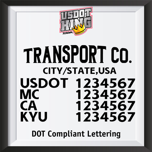 transport company city, usdot mc ca kyu lettering decal