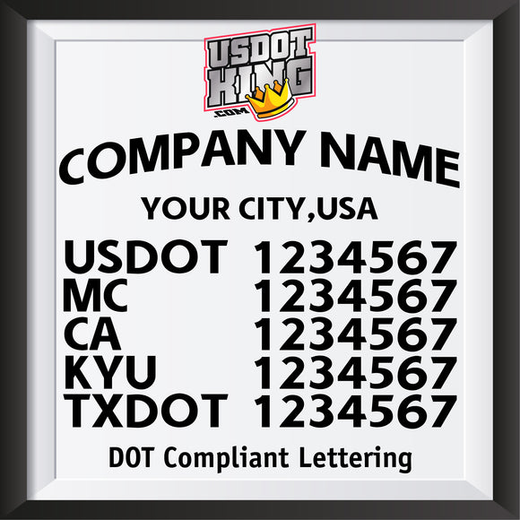arched company name with city, usdot mc ca kyu txdot lettering decal