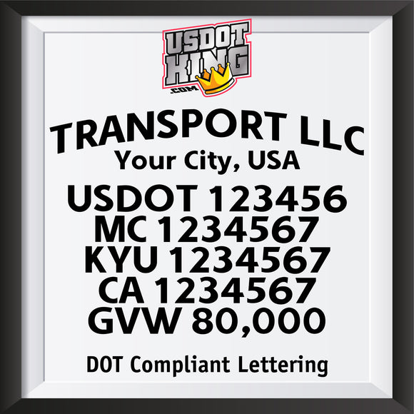 arched transport name with usdot mc kyu ca gvw lettering decal