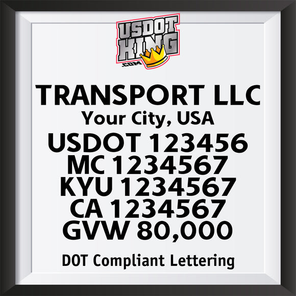 transport company name with location, usdot, mc, kyu, ca gvw lettering decal