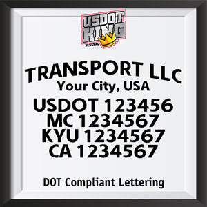 arched transport company name with location usdot mc kyu ca lettering
