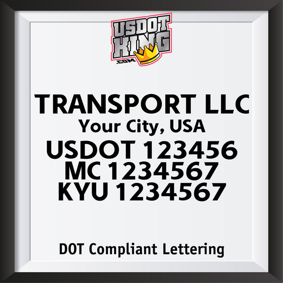 trucking company name with city, usdot mc kyu lettering decal