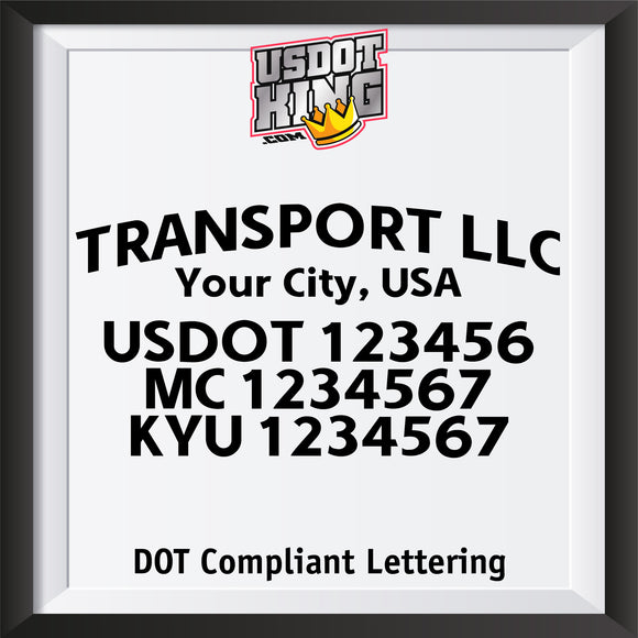 arched transport name with usdot mc kyu lettering