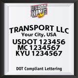 arched transport name with usdot mc kyu lettering