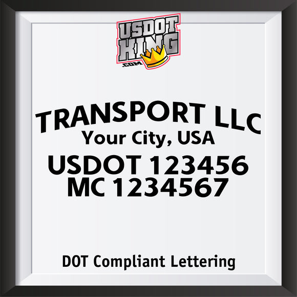 arched transport company name with city, usdot mc lettering decal