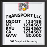 arched transport name with usdot mc kyu ca gvw lettering