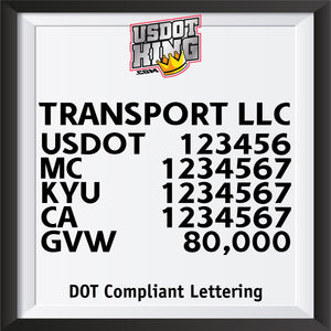 transport company with usdot mc kyu ca gvw lettering decal