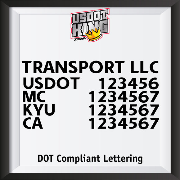 transport company door decal with usdot mc kyu ca lettering