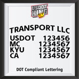 arched transport name with usdot mc kyu ca number decal