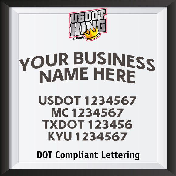 arched business name with usdot mc txdot kyu lettering decal