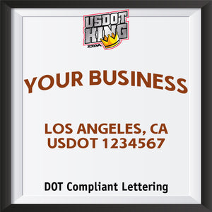 arched business name decal with location and usdot lettering