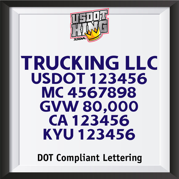 trucking company door decal with usdot mc gvw ca kyu lettering