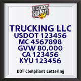 trucking company door decal with usdot mc gvw ca kyu lettering