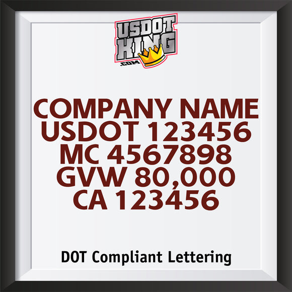company name, usdot, mc, gvw, ca lettering